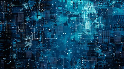 Poster - An abstract illustration in ASCII art style, where a diverse mix of alphanumeric characters and symbols are dispersed across a textured blue background, forming a chaotic yet visually appealing