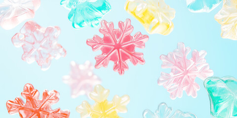 Floating gummy snowflakes with colorful patterns, light blue sky, winter scene
