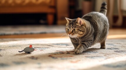 Poster - A rotund cat attempting to chase a toy mouse, its round body moving in slow, determined motions across the living room floor.