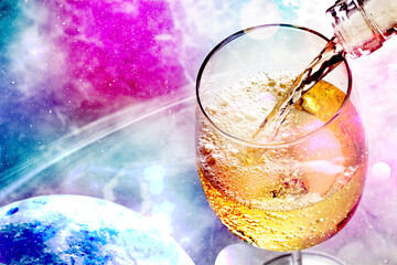 Poster - Pouring white wine into glass against colorful sky, closeup. Space for text