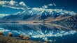 © Oleg - Tranquil summer lake mirroring snow capped peaks under fluffy clouds with scenic bench view