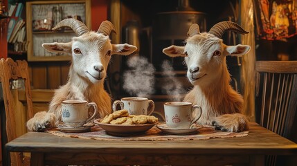 Cozy Kitchen Charm: Adorable Goats Enjoying Hot Chocolate and Cookies - Perfect Poster for Rustic Home Decor or a Whimsical Sports Interior!