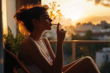 Woman smoking on balcony at sunset with city view.