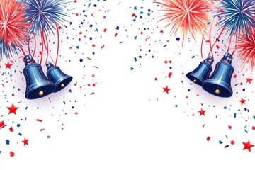 Wall Mural - Festive composition with blue bells, red, white, blue confetti, and fireworks. Highlighting a holiday theme with a vibrant atmosphere.