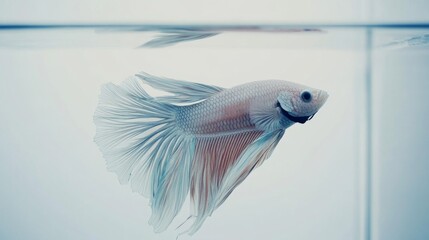 Poster - A serene image of a betta fish in a glass tank, with the tank's clear sides and a white background creating a crisp and clear view of the fish's features