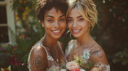 Pride Month . happy lesbian couple at wedding, holding each other and smiling, they hold flowers, they pose for photos together in front of large windows with natural light,