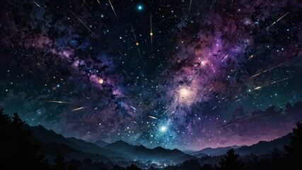 Night Sky with Shooting Stars Over Mountains