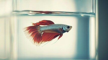 Poster - A serene image of a betta fish in a glass tank, with the tank's clear sides and a white background creating a crisp and clear view of the fish's features