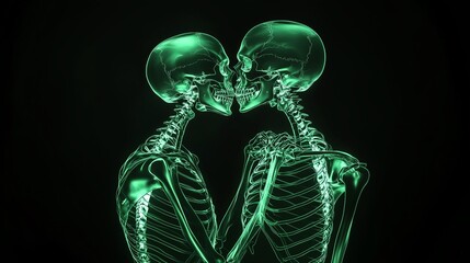 a green neon x-ray of two skeletons in love