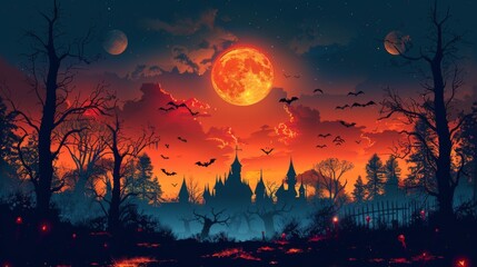 Wall Mural - Halloween, the spookiest day of the year. A grand and imposing haunted mansion, its silhouette looming against a moonlit sky, its windows glowing with an eerie light.