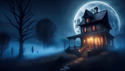 Wall Mural - Spooky haunted house at night with eerie full moon atmosphere