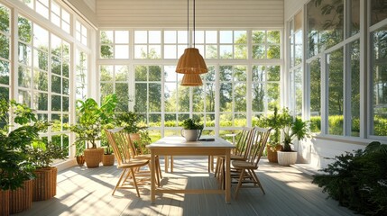 Sticker - Sunlit dining area with large windows, wooden table and chairs, and potted plants.