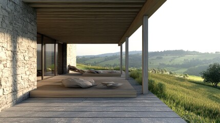 Poster - Wooden deck overlooking green hills and a valley.