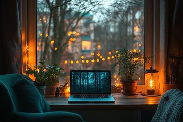 Poster - A laptop is open on a table next to a potted plant