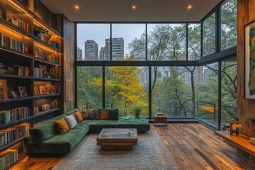 A large living room with a green couch, a coffee table, and a fireplace