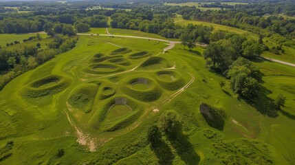 Sticker - Aerial view of a lush green landscape with rolling hills and circular depressions.