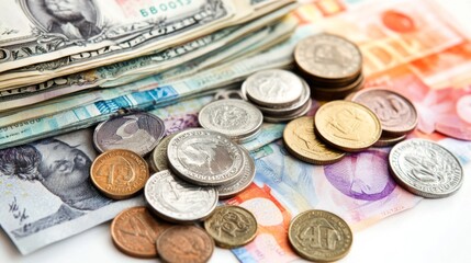 Poster - A stack of various currency notes and coins arranged neatly on a white background, highlighting the diversity and value of different currencies.