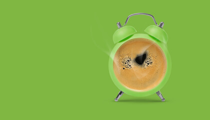 Wall Mural - Bright alarm clock with coffee instead of dial on green background, banner design. Space for text