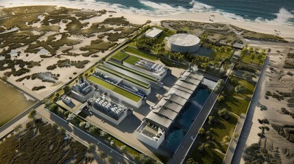 Sticker - Aerial view of a modern industrial facility with green roofs, surrounded by nature.