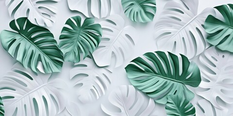 Wall Mural - A stunning collection of monstera leaves in a captivating bas relief pattern, creating a harmonious tropical vibe with refreshing green and crisp white tones that enhance any space