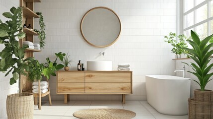 Sticker - Modern bathroom interior with white tiles, wooden vanity, freestanding tub, and plants.