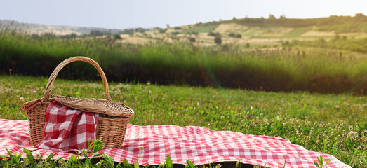 Wall Mural - Picnic blanket and wicker basket on green grass during sunny day. Banner design with space for text