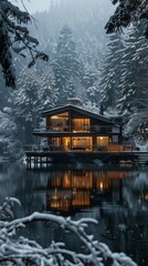 Poster - A house with a large deck and a lake in the background