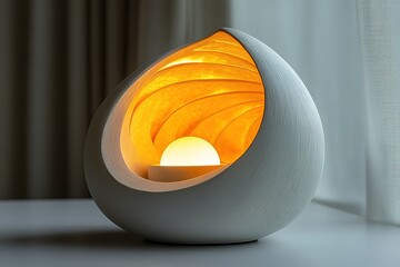 Wall Mural - A white lamp with a yellow light is sitting on a table