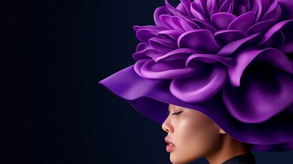 Canvas Print - A woman wearing a purple flower hat is shown in a black background. The image has a moody and mysterious feel to it. woman side portrait with head covered with huge purple flower