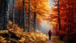 © Tonadech - A hiker standing on a trail surrounded by the rich colors of autumn with towering trees displaying a spectrum of reds oranges and yellows and a cool breeze adding to the peaceful ambiance