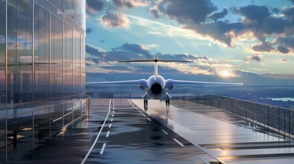 Poster - Airplane on a rooftop runway with city skyline in background.