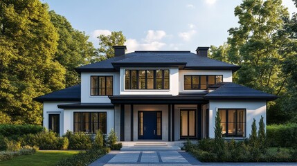 Poster - A large house with a blue front door and a black roof