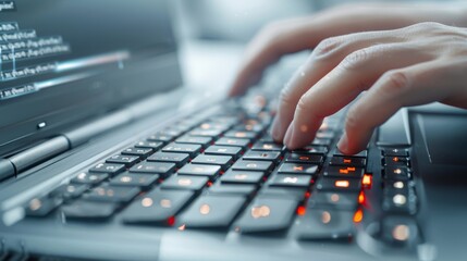 A person is typing on a laptop keyboard with the letters 