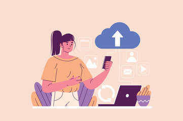 Aufkleber - Cloud service concept with people scene in the flat cartoon design. A woman uses her smartphone to manage cloud storage services, surrounded by various digital icons. Vector illustration.