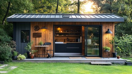 Poster - A small house with a black roof and wooden walls