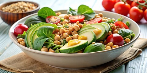 Poster - Delicious bowl of spinach salad with chickpeas, farro, avocado, and tomatoes isolated on background, Spinach, Salad