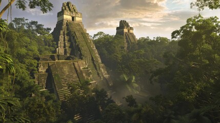 Wall Mural - Ancient stone pyramids rise from a lush jungle, shrouded in mist, under a dramatic sky.