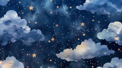 Wall Mural - Watercolor painting background of starry night sky with clouds