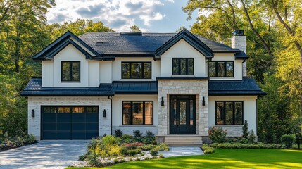 Poster - A large house with a black roof and white trim