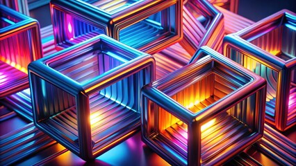 Aufkleber - Abstract render of twisted cube shapes with bright tubes geometry, abstract,render, twisted, cube, shapes, bright, tubes