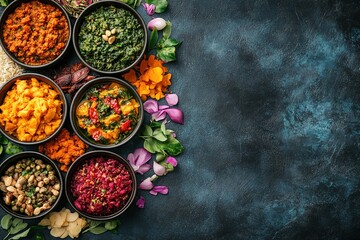 Colorful Indian cuisine on dark background with copyspace