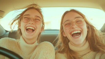 Joyful road trip adventure, two young friends laughing together in a car, carefree atmosphere, vibrant energy, open road ahead, moments of friendship and freedom