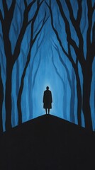 Wall Mural - a solitary figure stands in a rain-soaked forest, surrounded by dark, twisted trees, symbolizing the