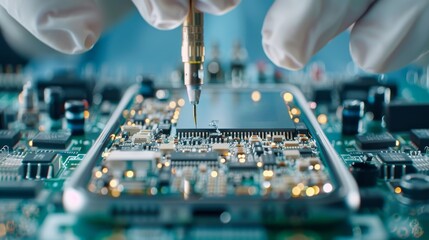 A man is working on a circuit board with a soldering iron