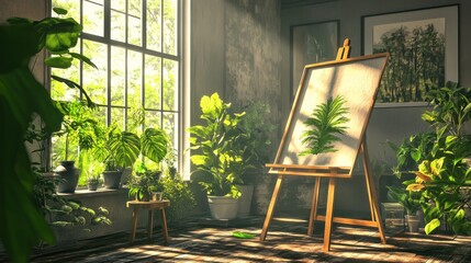 Sticker - Sunbeams illuminating a room with potted plants, an easel with a canvas, and a stool.