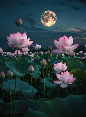 Canvas Print - The full moon hangs high in the sky, and pink lotus flowers bloom on green leaves by nightfall. Pink petals dance gracefully with soft lighting