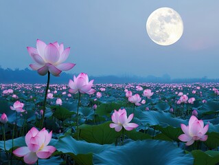 Canvas Print - The full moon hangs high in the sky, and pink lotus flowers bloom on green leaves by nightfall. Pink petals dance gracefully with soft lighting