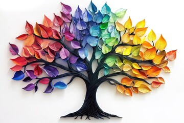 
 Colorful rainbow tree of life wall art, metal tree with leaves in the shape of an oak, white background.
