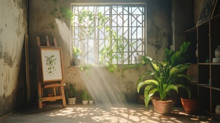 Canvas Print - Sunbeams through a window illuminate an art studio with an easel and plants.