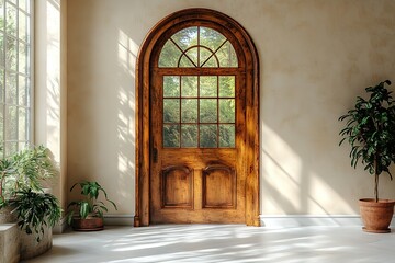 Wall Mural - A large wooden door with a window in the middle